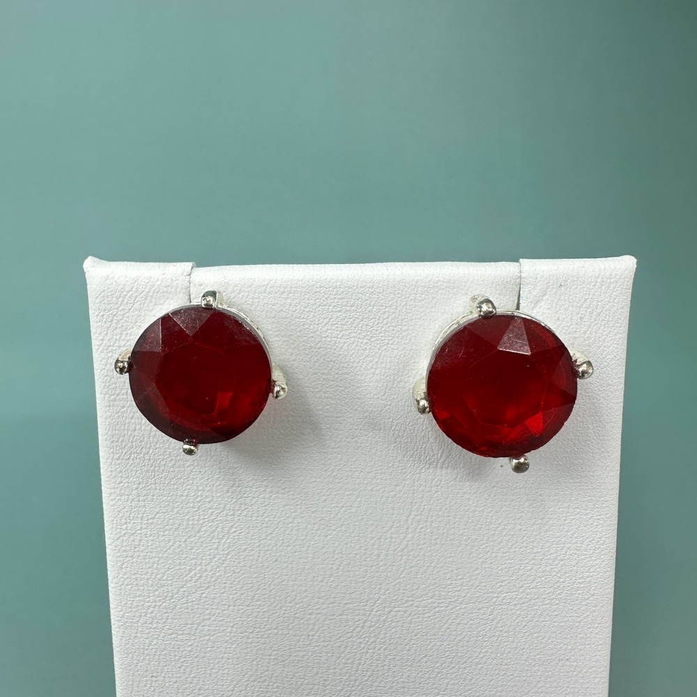 Red Faceted Crystal Look Stud Earrings Silver Tone Prong Set Statement Glam Gift
